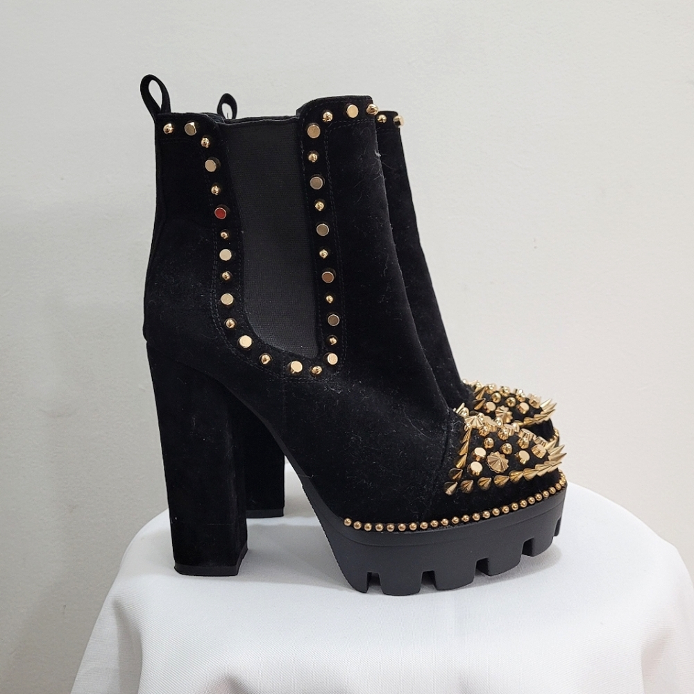 Brass-Studded Platform Black Ankle Boots